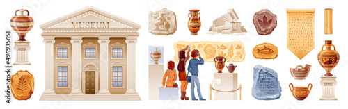 Museum vector. Historical museum. Cartoon art gallery exhibition with statue, dinosaur fossil, ancient greek vase, papyrus, column. Flat illustration. Archeologic interior set, people, building design