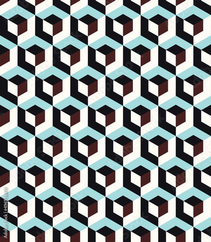 Small scale isometric cubes optical vector seamless pattern. Abstract multicolor micro geometric texture. Modern textile fashion print. Retro style nostalgic background