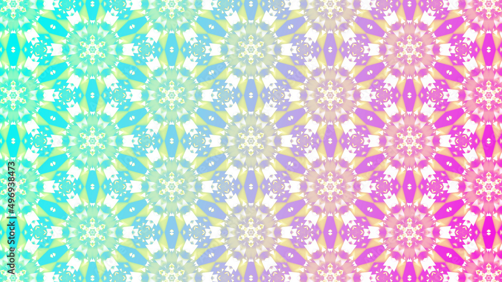 Soft pastel colors abstract pattern transforming, changing shades and shapes. Multicolor mandala metamorphoses. Kaleidoscopic symmetrical ornament morphing, looping, radiating. 4K