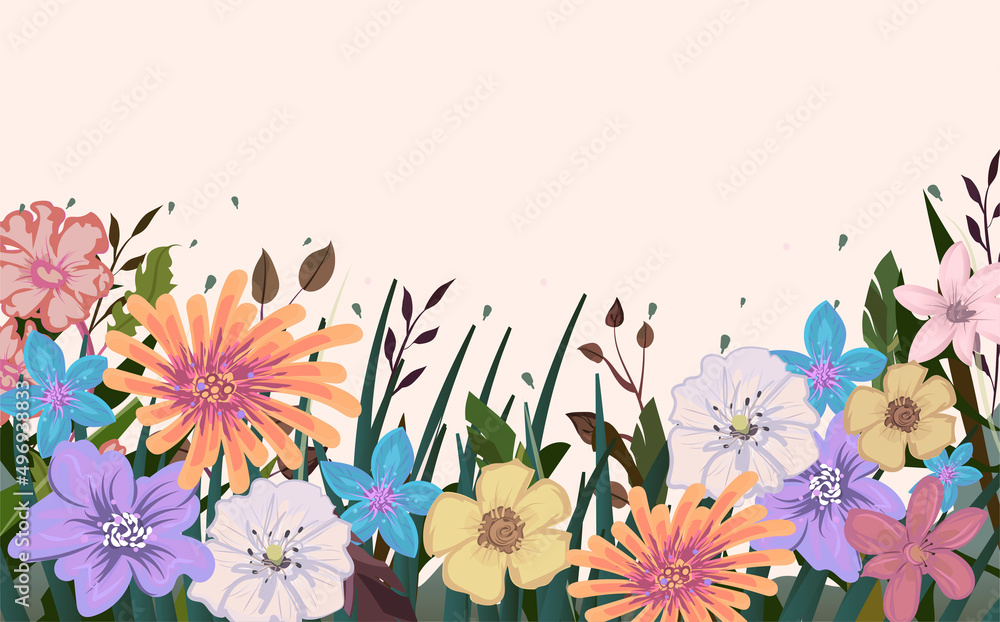 Multi-colored arrangement of flowers on a white background to decorate holiday cards for wedding, birthday, women's day, 8 march. Yellow, vintage purple and blue flowers with green foliage in vector. 