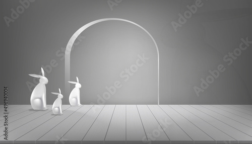 Studio room with 3D Rabbit family statue on wooden panel with dark grey wall background.Vector illustration with gray floor with light and shadow on wall board.Minimal modern style design concept