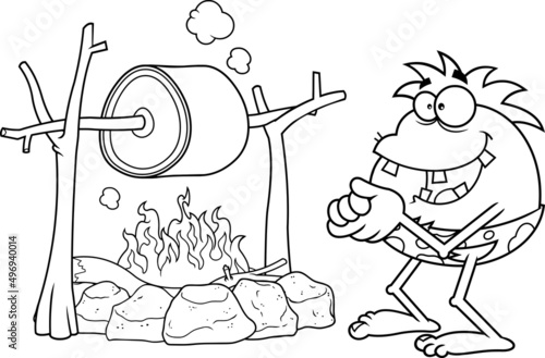 Outlined Hungry Caveman Cartoon Character Cooking Meat. Vector Hand Drawn Illustration Isolated On White Background
