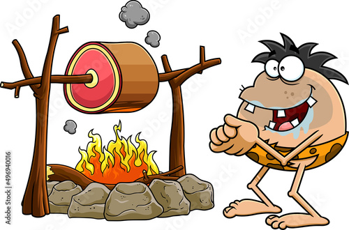 Hungry Caveman Cartoon Character Cooking Meat. Vector Hand Drawn Illustration Isolated On White Background