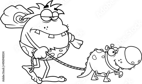 Outlined Funny Caveman Cartoon Character With Club And Dino Dog Goes To Hunting. Vector Hand Drawn Illustration Isolated On White Background