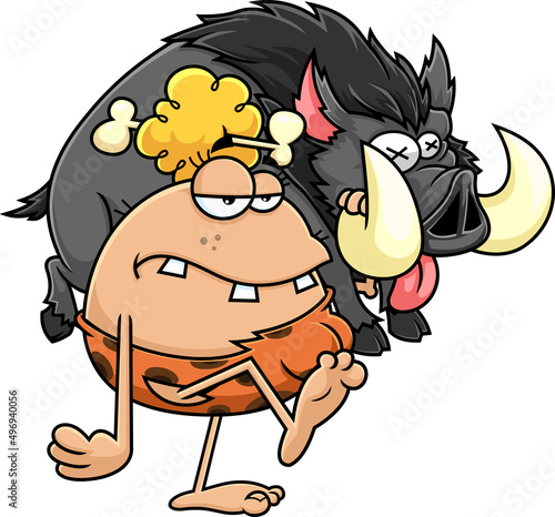 CaveWoman Cartoon Character Carrying Boar. Vector Hand Drawn Illustration Isolated On White Background