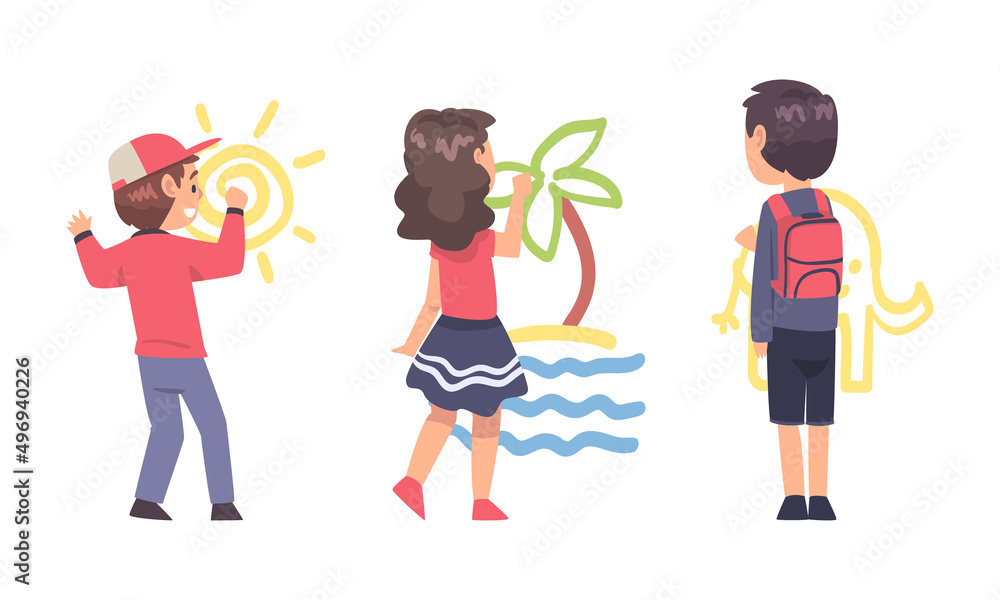 View from behind of cute children painting on wall with brushes and pencils cartoon vector illustration View from behind of cute children painting on wall with brushes and pencils cartoon vector illustration