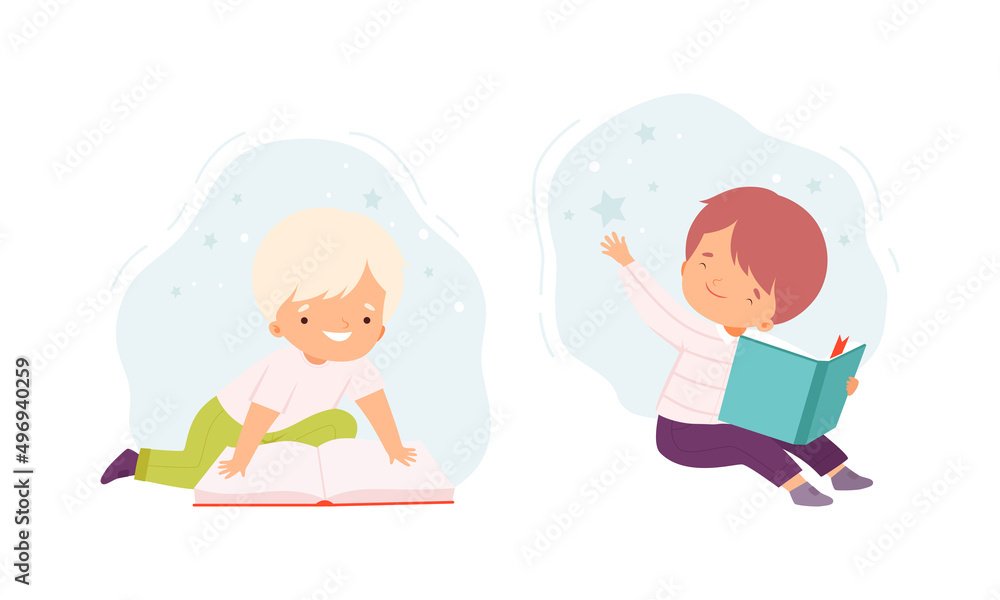 Cute boys sitting on floor and reading books set cartoon vector illustration Cute boys sitting on floor and reading books set cartoon vector illustration