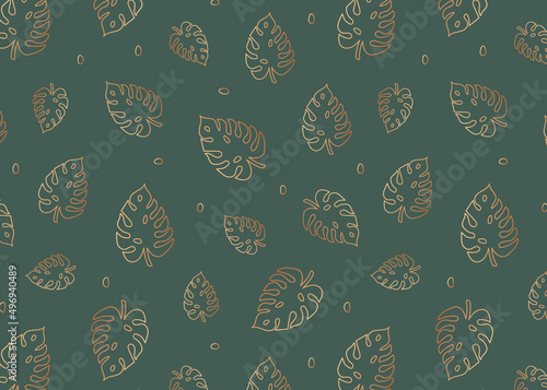 seamless pattern with gold lines monstera leaves on a dark green background. Monstera leaf vector pattern, wallpaper. Aesthetic spring or summer. Template for textiles, fabrics, gift wrapping