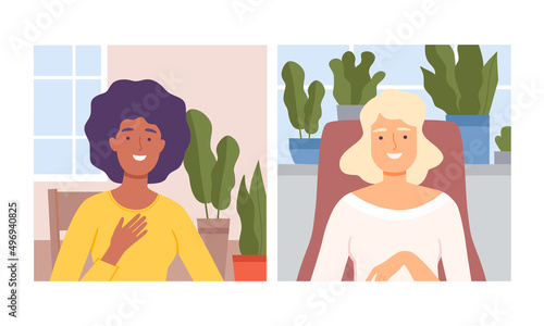Young woman talking by laptop webcam set. Online video call, networking or business conference cartoon vector illustration