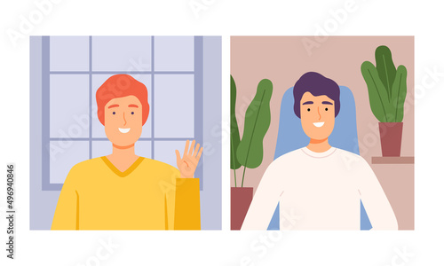 Cheerful young men talking by laptop webcam. Online video call, networking or business conference cartoon vector illustration