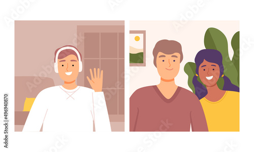 People talking by laptop webcam. Online video call, business conference, social distancing cartoon vector illustration