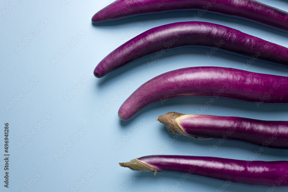 Eggplants. Fresh organic eggplants on blue background. Flat lay. Free space for text.