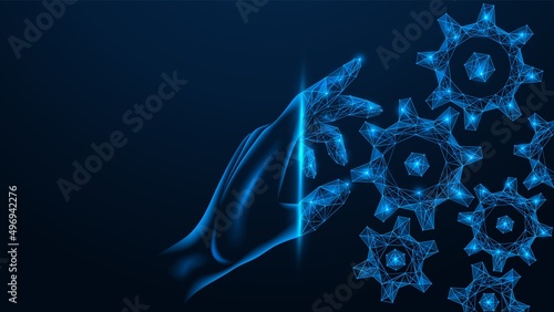 Adjustment of the digital mechanism. The hand adjusts the mechanical gears. Polygonal construction of lines and points. Blue background.