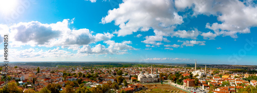 Panoramic view of Edirne from the minaret of Selimiye Mosque. Edirne city panorama with Old Mosque or Eski Cami and Uc Serefeli Mosque. photo