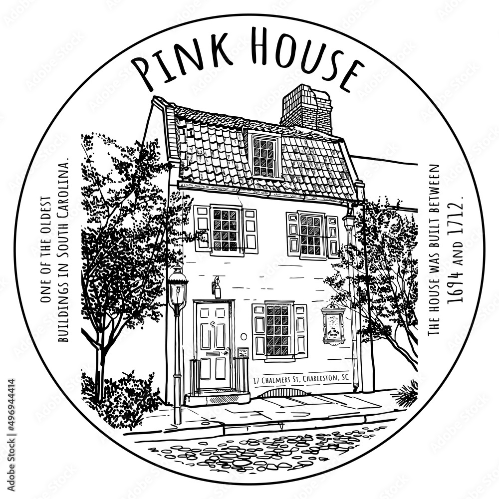 Black and white drawing of the Pink House one of the oldest buildings