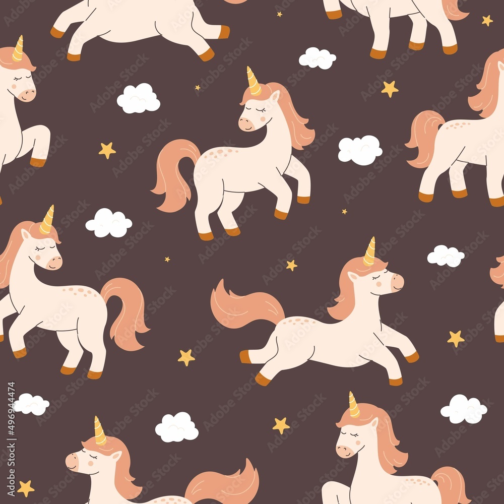 Cute dreaming unicorns seamless pattern. Vector background with clouds and stars. Scandinavian boho style, nursery illustration.
