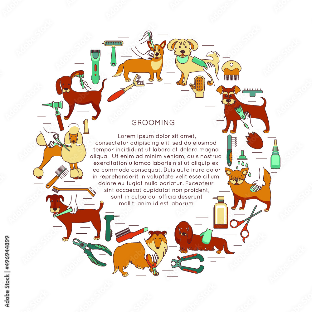 Round frame with the inscription. Vector cute poster. Round banner with cartoon grooming dogs (brushing, cutting hair or trimming, eye care, ear cleaning, nail trimming, bathing) and tools. Round frame with the inscription. Vector cute poster. Round banner with cartoon grooming dogs (brushing, cutting hair or trimming, eye care, ear cleaning, nail trimming, bathing) and tools.