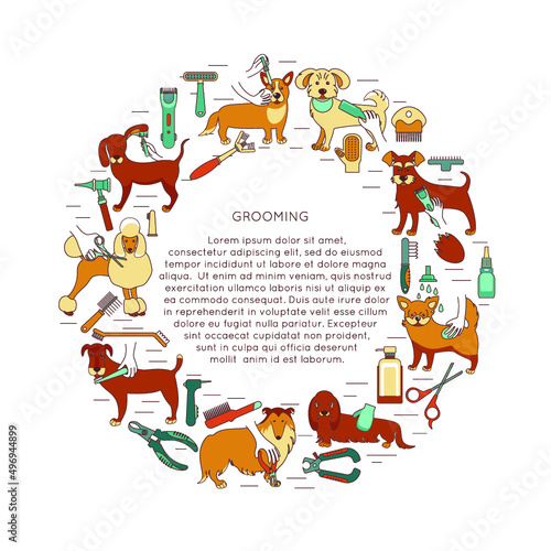 Round frame with the inscription. Vector cute poster. Round banner with cartoon grooming dogs (brushing, cutting hair or trimming, eye care, ear cleaning, nail trimming, bathing) and tools.