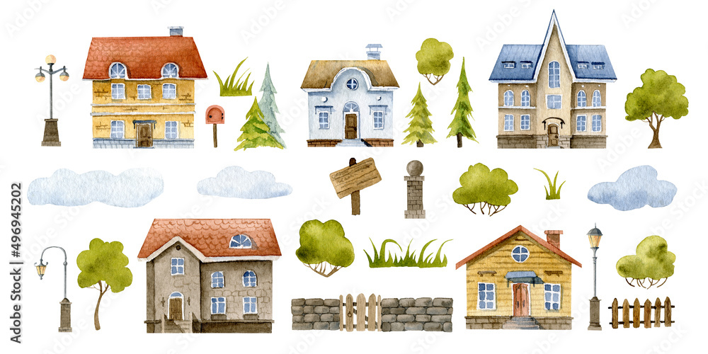 Houses watercolor set. Hand drawn collection of cottages. Bundle with old buildings, trees and lamps. Isolated elements on white background