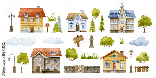 Houses watercolor set. Hand drawn collection of cottages. Bundle with old buildings  trees and lamps. Isolated elements on white background
