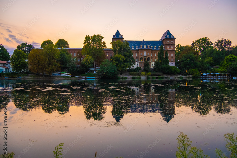 Sunset view of a Castle in the city of Turin on the banks of the river Po