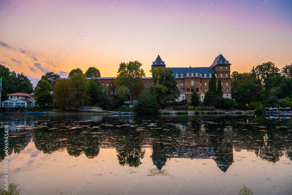 Sunset view of a Castle in the city of Turin on the banks of the river Po