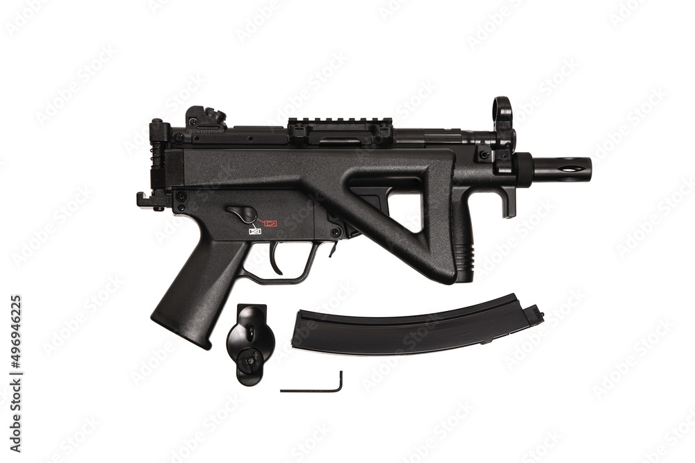  Air submachine gun. Modern pneumatic weapon for air soft, sports and entertainment. A dummy, a copy of a real pistol. Isolate on a white back.