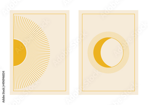 Mid century modern abstract sun and mon poster wall art print. Vector illustration 