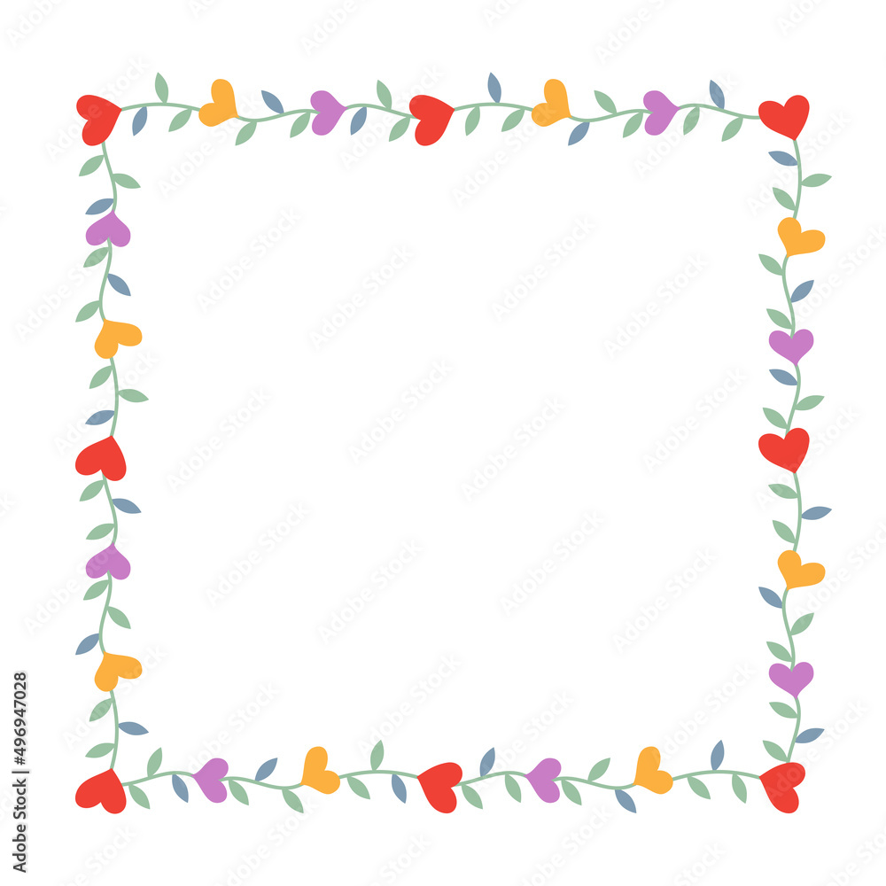 Frame with hearts on stems with leaves illustration
