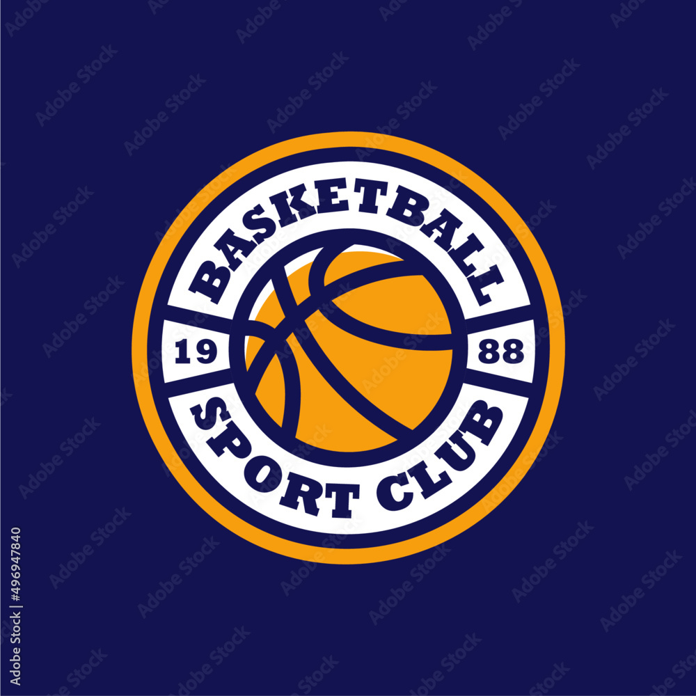 Basketball colorful vintage logo. Blue and yellow emblem. Retro ball Logo on light and dark blue background