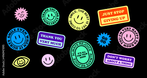 Cool Trendy Patches Vector Design. Abstract background with smiley stickers and don't worry quotes. Good Vibes, Positive Energy and Smile Badges. photo