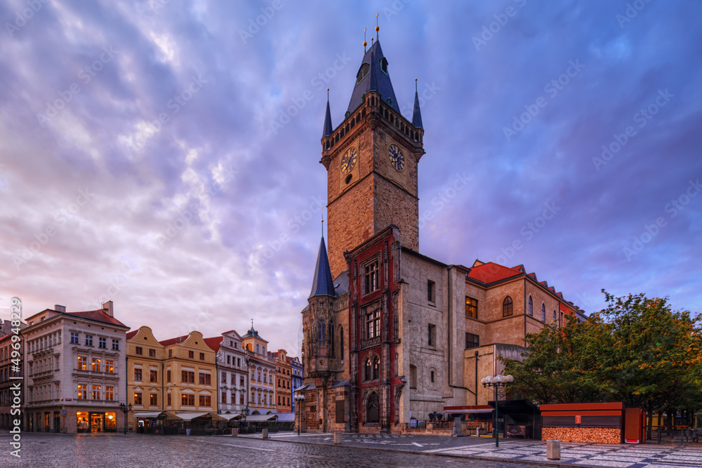 Fototapeta premium View of Prague Orloj - medieval astronomical clock mounted on Old Town Hall in the Old Town Square, Prague, Czech Republic, Europe.