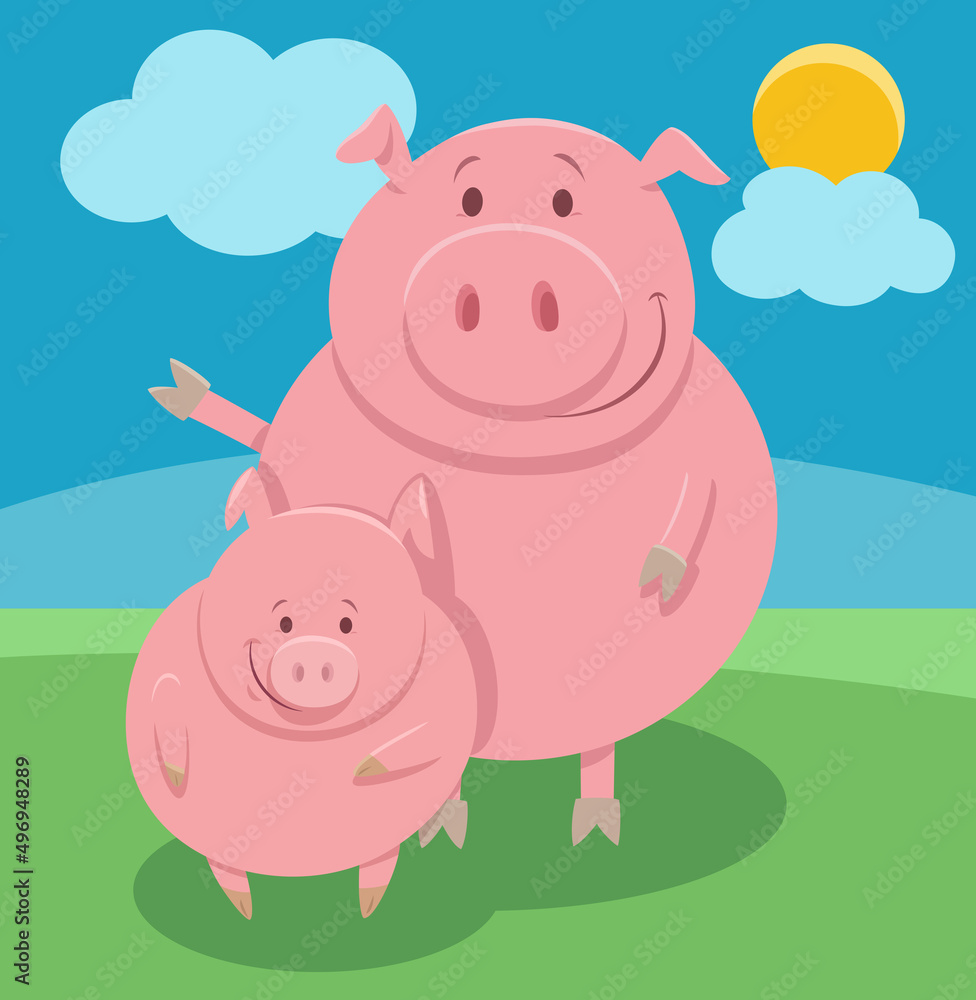 happy cartoon pig farm animal character with piglet happy cartoon pig farm animal character with piglet