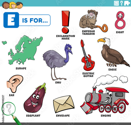 letter e words educational set with cartoon characters