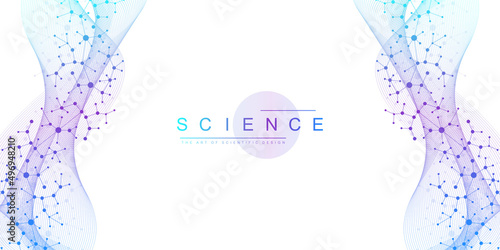 Scientific vector illustration genetic engineering, DNA helix, DNA strand, molecule or atom, neurons. Genomic sequences visualization. Abstract structure for Science or medical background.