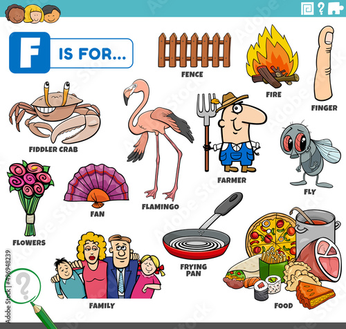 letter f words educational set with cartoon characters