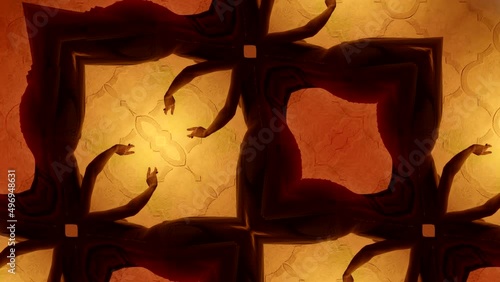 psychedelic kaleidoscopic shot with dancing woman, oriental dance performance, exotic belly dance