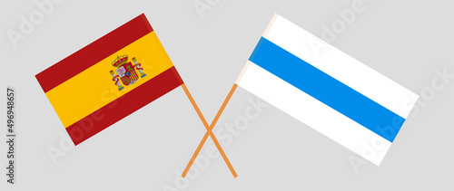 Crossed flag of Spain and anti-war white-blue-white flag of Russian opposition