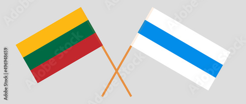 Crossed flag of Lithuania and anti-war white-blue-white flag of Russian opposition