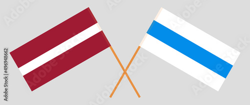 Crossed flag of Latvia and anti-war white-blue-white flag of Russian opposition