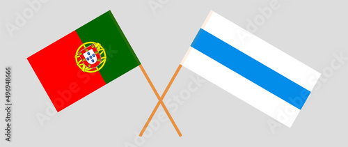 Crossed flag of Portugal and anti-war white-blue-white flag of Russian opposition