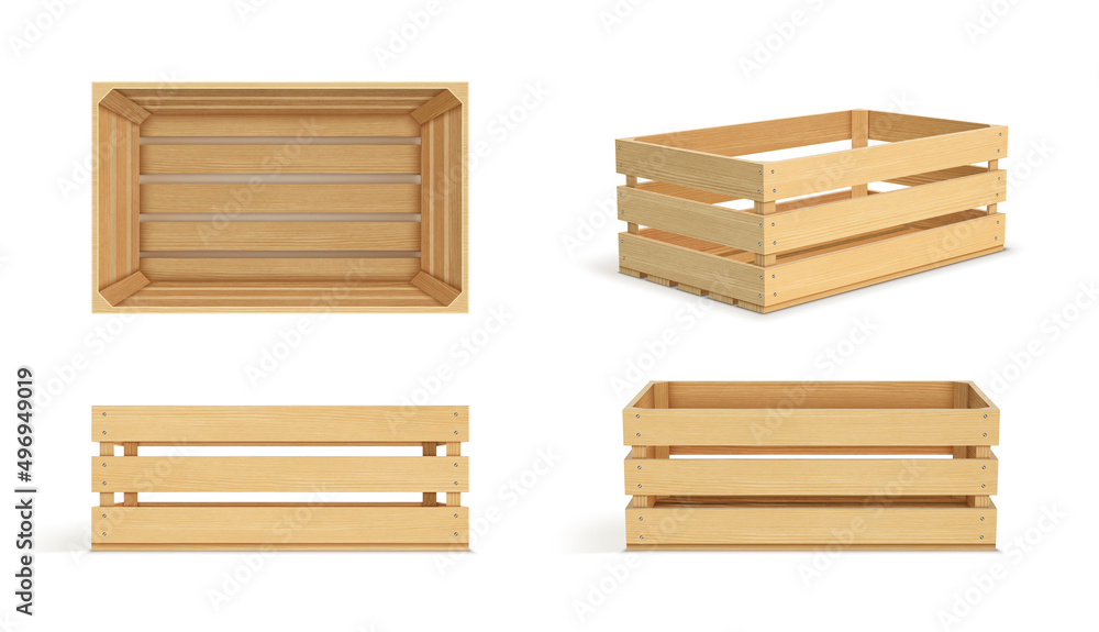 Vector realistic cargo storage wooden box isolated on white background. Wooden fruit box with holes. Box for storage and transportation of food. Vector realistic cargo storage wooden box isolated on white background. Wooden fruit box with holes. Box for storage and transportation of food.