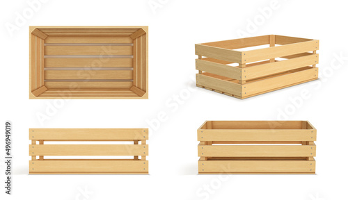 Vector realistic cargo storage wooden box isolated on white background. Wooden fruit box with holes. Box for storage and transportation of food.