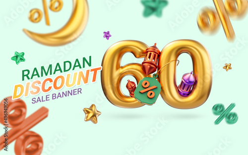 gold realistic 60 percent discount Ramadan and Eid super sale offer banner template design 3d render