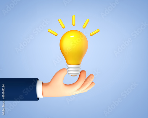 3D Cartoon hand holding a light bulb isolated on blue background. Thinking, good idea and business success creative concept. Vector illustration
