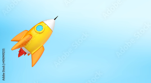 3d cartoon spaceship rocket on blue background.  Spaceship launch. Launch business product on market. Startup business concept. Vector illustration