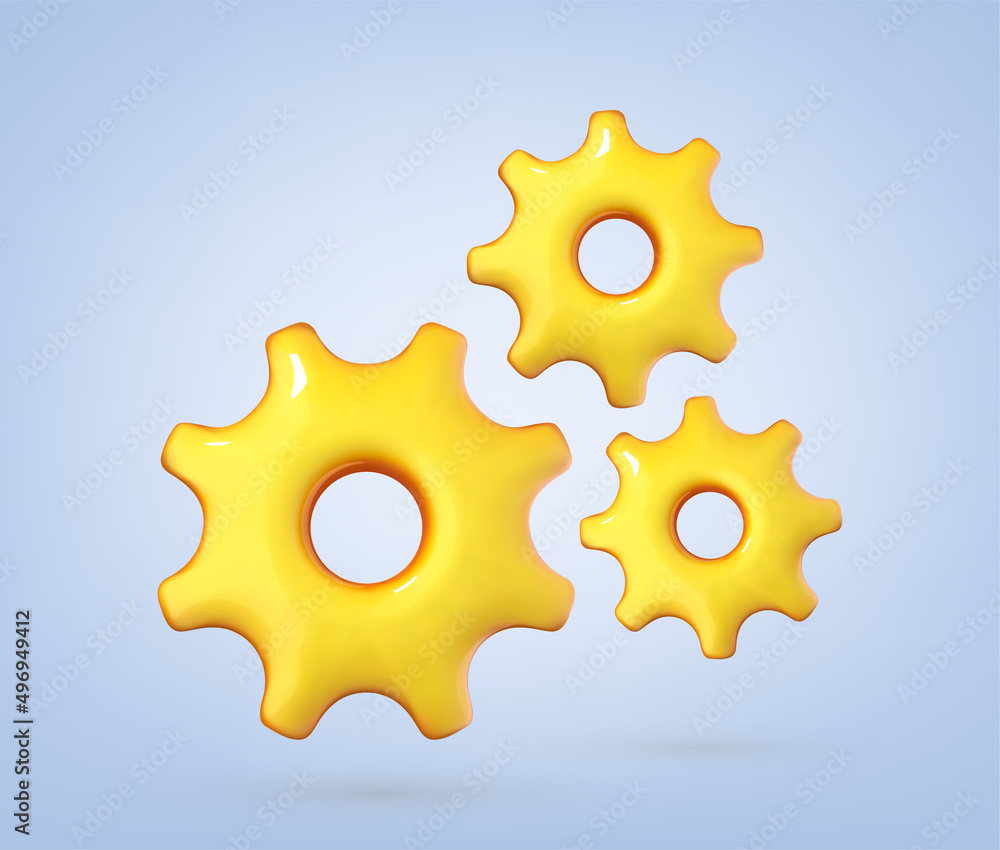 3D gears icon on blue background. Repair, optimizing, workflow concept. Minimal cartoon style. 3d vector illustration 3D gears icon on blue background. Repair, optimizing, workflow concept. Minimal cartoon style. 3d vector illustration