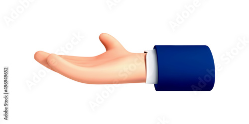Cartoon 3D hand showing something, demonstrating, holding something, isolated on white background. Vector hand gesture in 3d cartoon style