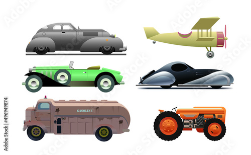set of retro dieselpunk vehicles, 1920's car, streamline car, military gas tanker truck, 1930's tractor and biplane, vector illustration