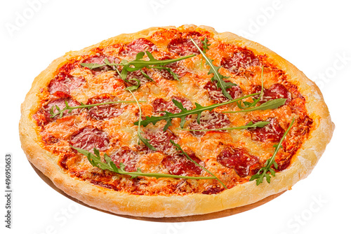 Delicious pizza served on wooden plate isolated on white